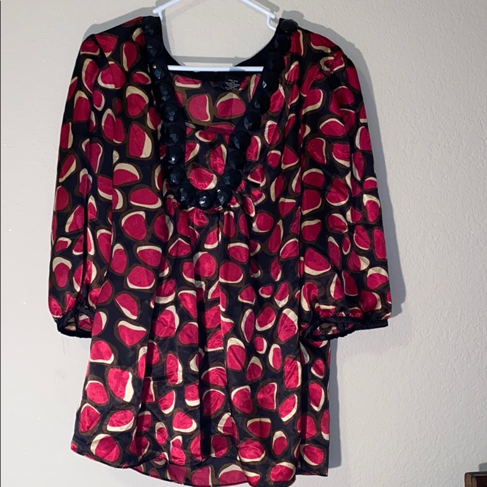Lane Bryant Black Blouse with Red and Gold Abstract Print